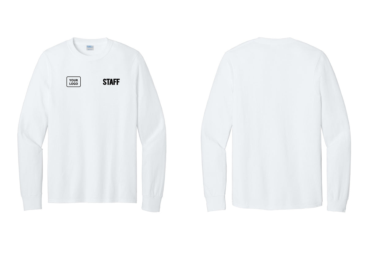 NYC Factory Custom Logo Staff Cotton Long Sleeve T-Shirt (Bold) - STAFF + Your Logo - White