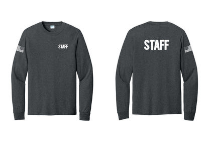 NYC Factory Staff Cotton Long Sleeve T-Shirt (Bold) - Chest + Back + US Flag Sleeve - Dark Heather Grey
