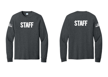 NYC Factory Staff Cotton Long Sleeve T-Shirt (Bold) - Front + Back + US Flag Sleeve - Dark Heather Grey