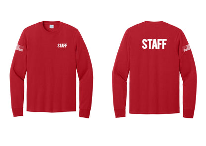 NYC Factory Staff Cotton Long Sleeve T-Shirt (Bold) - Chest + Back + US Flag Sleeve - Red