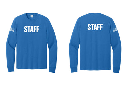 NYC Factory Staff Cotton Long Sleeve T-Shirt (Bold) - Front + Back + US Flag Sleeve - Royal