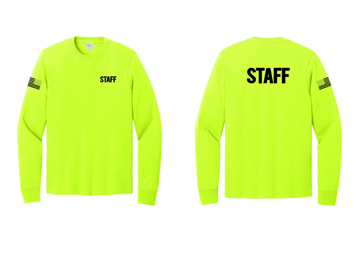 NYC Factory Staff Cotton Long Sleeve T-Shirt (Bold) - Chest + Back + US Flag Sleeve - Safety Green