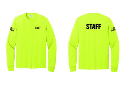 NYC Factory Staff Cotton Long Sleeve T-Shirt (Bold) - Chest + Back + US Flag Sleeve - Safety Green