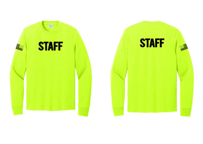 NYC Factory Staff Cotton Long Sleeve T-Shirt (Bold) - Front + Back + US Flag Sleeve - Safety Green