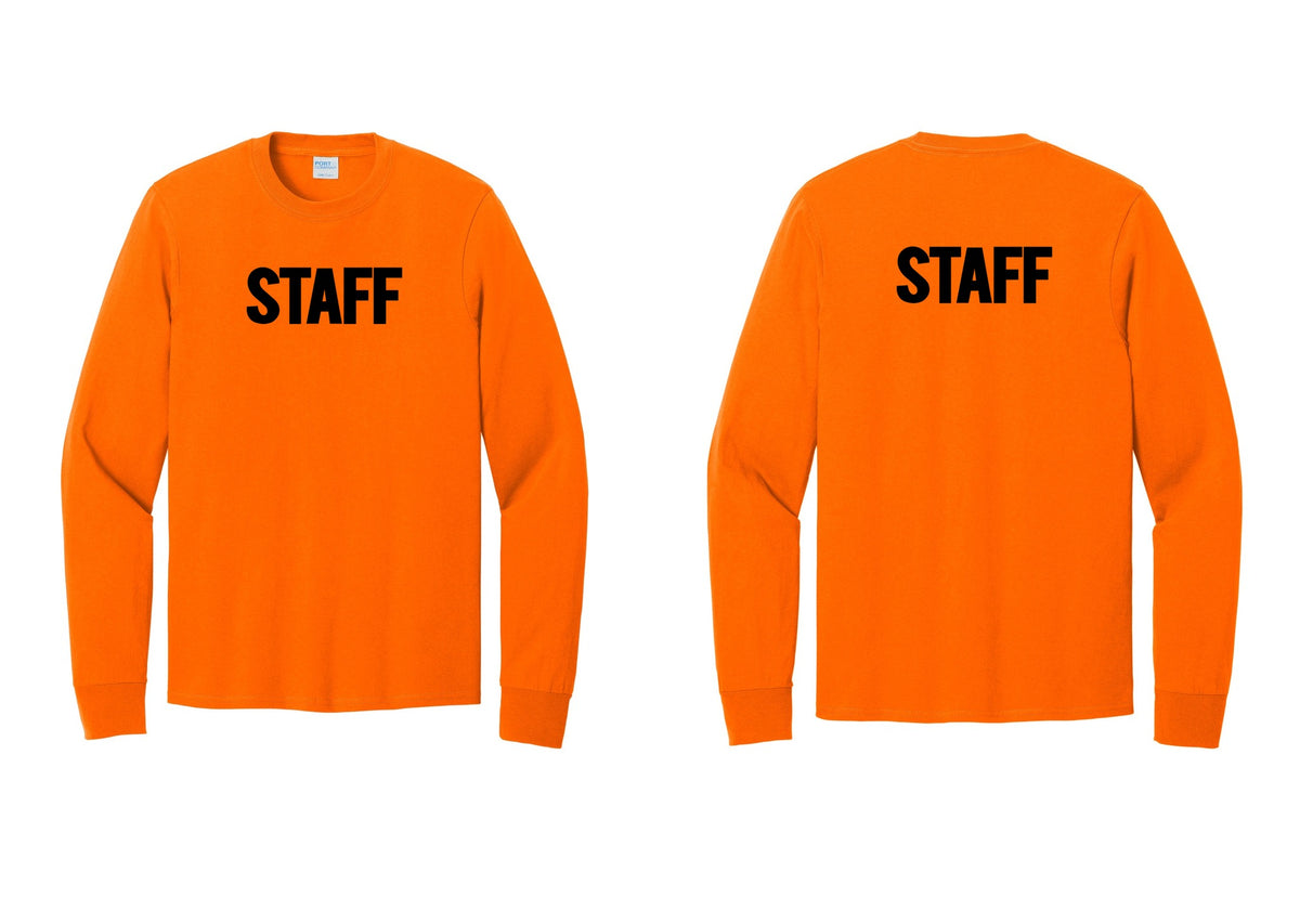 NYC Factory Staff Cotton Long Sleeve T-Shirt (Bold) - Front + Back - Safety Orange