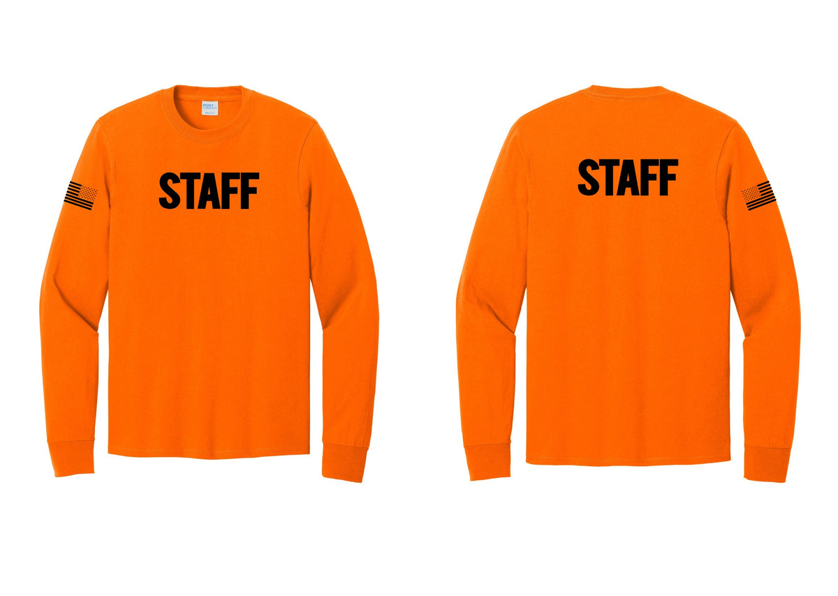 NYC Factory Staff Cotton Long Sleeve T-Shirt (Bold) - Front + Back + US Flag Sleeve - Safety Orange