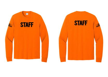 NYC Factory Staff Cotton Long Sleeve T-Shirt (Bold) - Front + Back + US Flag Sleeve - Safety Orange