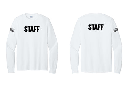 NYC Factory Staff Cotton Long Sleeve T-Shirt (Bold) - Front + Back + US Flag Sleeve - White