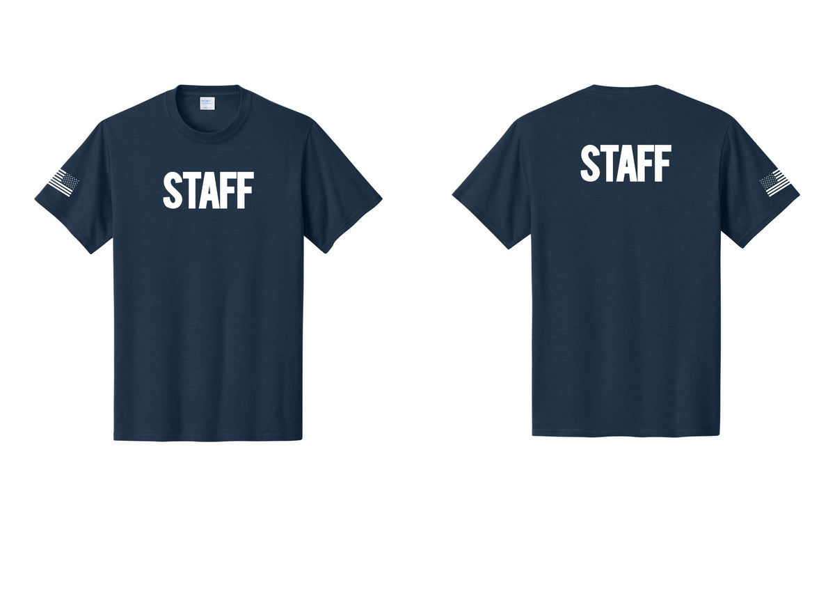 NYC Factory Staff T-Shirt, Bold Lettering - Front + Back + US Flag Sleeve - Navy