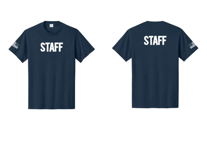 NYC Factory Staff T-Shirt, Bold Lettering - Front + Back + US Flag Sleeve - Navy
