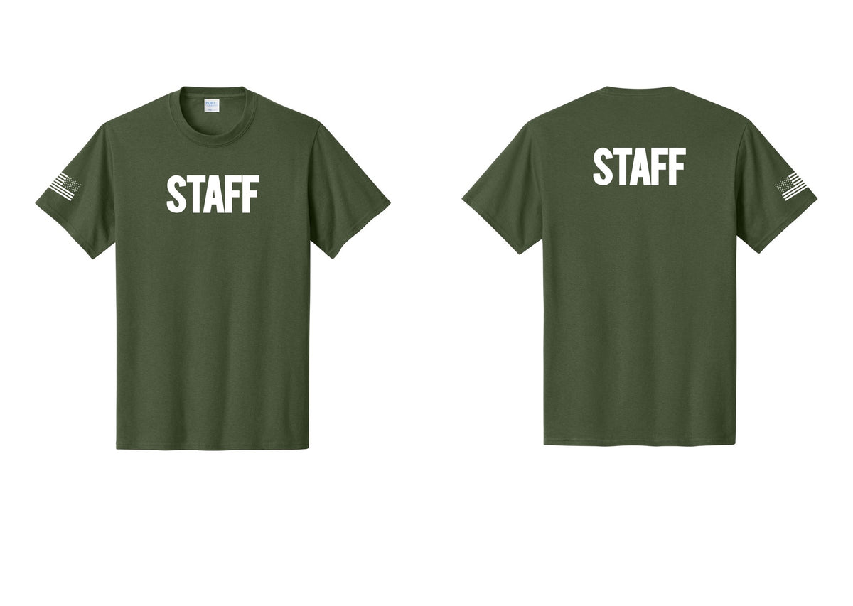 NYC Factory Staff T-Shirt, Bold Lettering - Front + Back + US Flag Sleeve - Olive