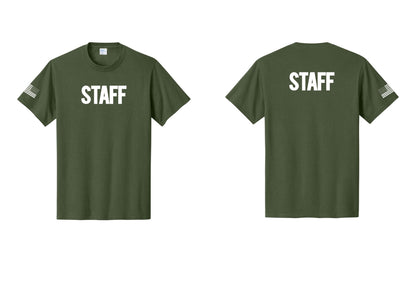 NYC Factory Staff T-Shirt, Bold Lettering - Front + Back + US Flag Sleeve - Olive