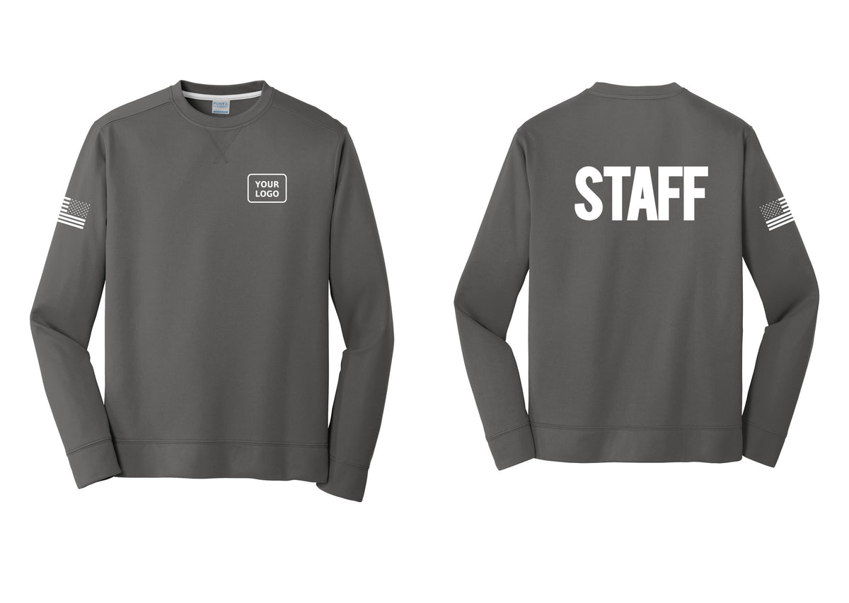 NYC Factory Custom Logo Staff Performance Fleece Crewneck Sweatshirt (Bold) - Your Logo + Back + US Flag Sleeve - Charcoal