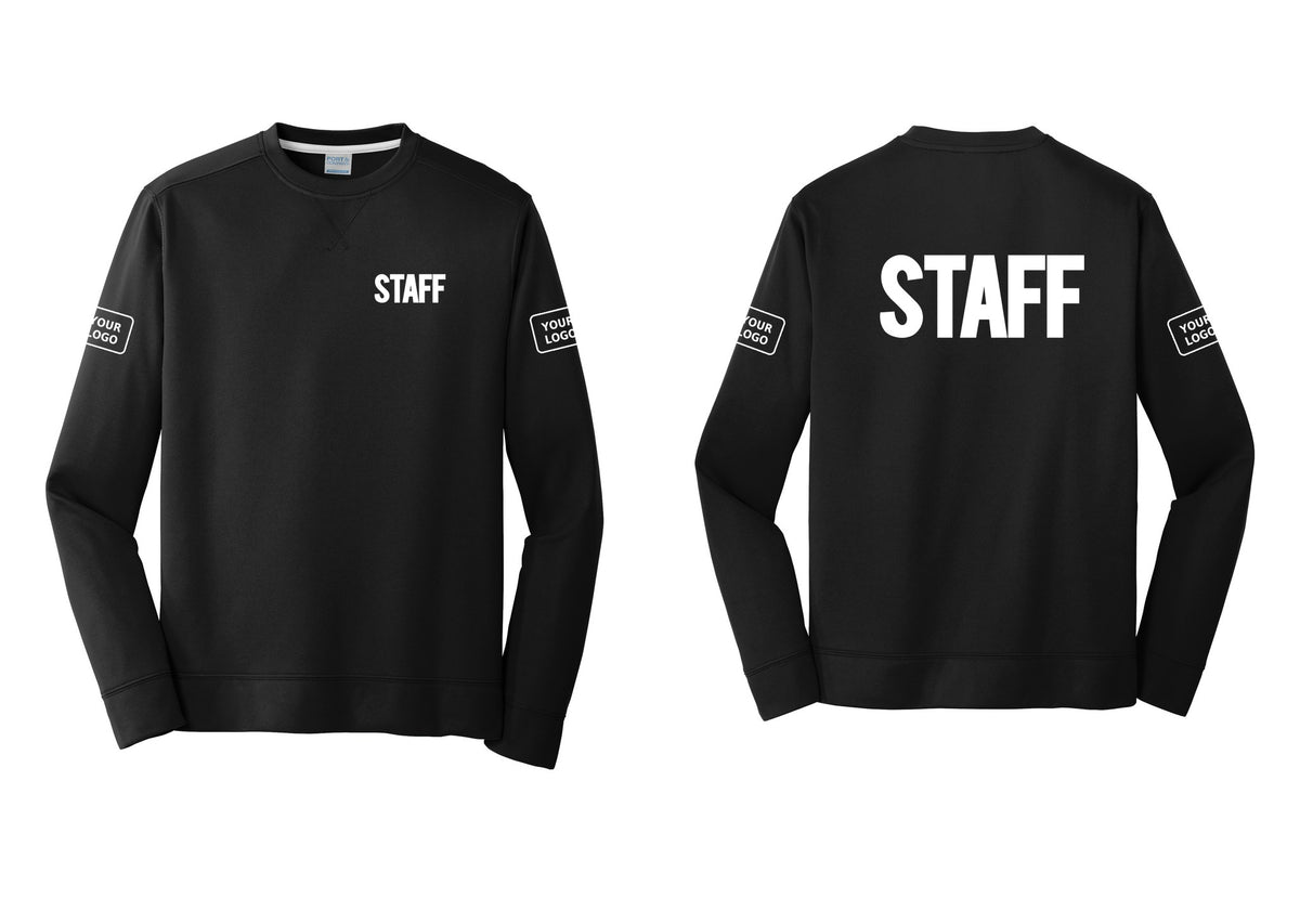 NYC Factory Custom Logo Staff Performance Fleece Crewneck Sweatshirt (Bold) - Chest + Back + Your Logo Sleeves - Black