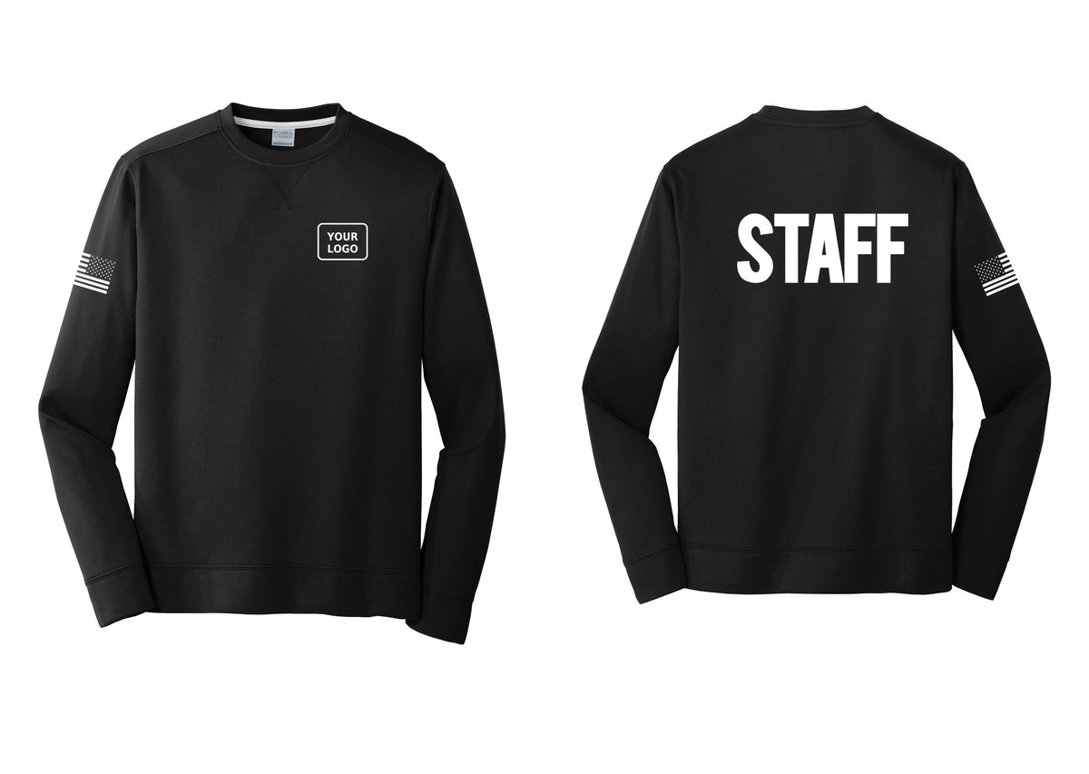 NYC Factory Custom Logo Staff Performance Fleece Crewneck Sweatshirt (Bold) - Your Logo + Back + US Flag Sleeve - Black