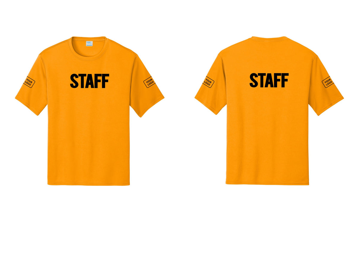 NYC Factory Custom Logo Staff Performance T-Shirt (Bold) - Front + Back + Your Logo Sleeves - Gold