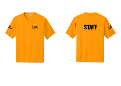 NYC Factory Custom Logo Staff Performance T-Shirt (Bold) - Your Logo + Back + US Flag Sleeve - Gold