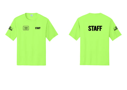 NYC Factory Custom Logo Staff Performance T-Shirt (Bold) - STAFF + Your Logo + Back + US Flag Sleeve - Neon Green