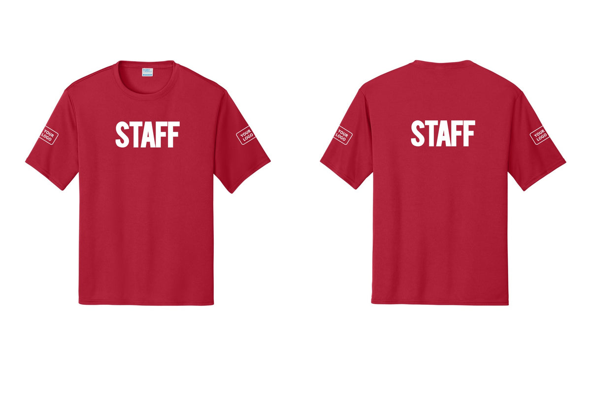 NYC Factory Custom Logo Staff Performance T-Shirt (Bold) - Front + Back + Your Logo Sleeves - Red