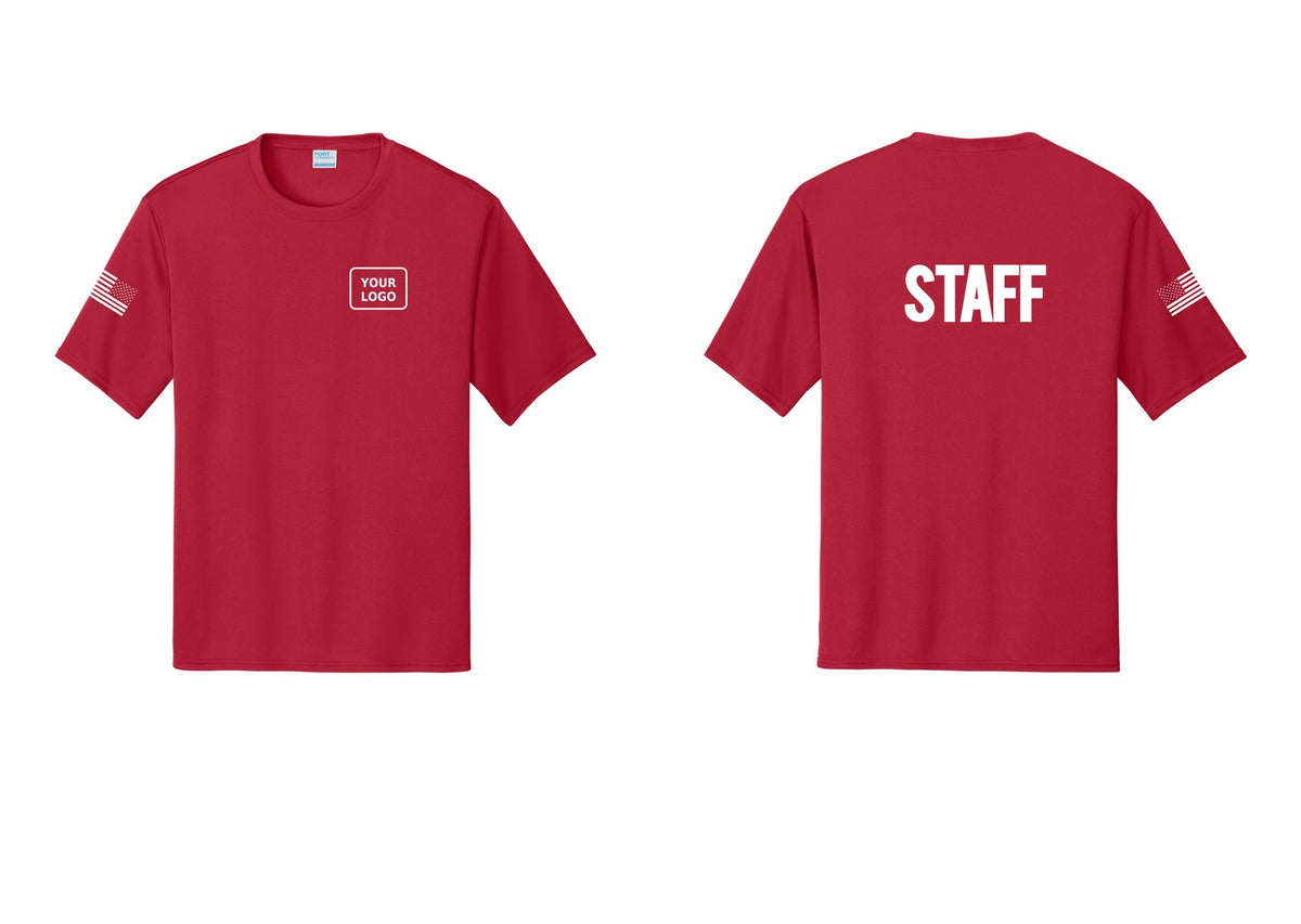 NYC Factory Custom Logo Staff Performance T-Shirt (Bold) - Your Logo + Back + US Flag Sleeve - Red