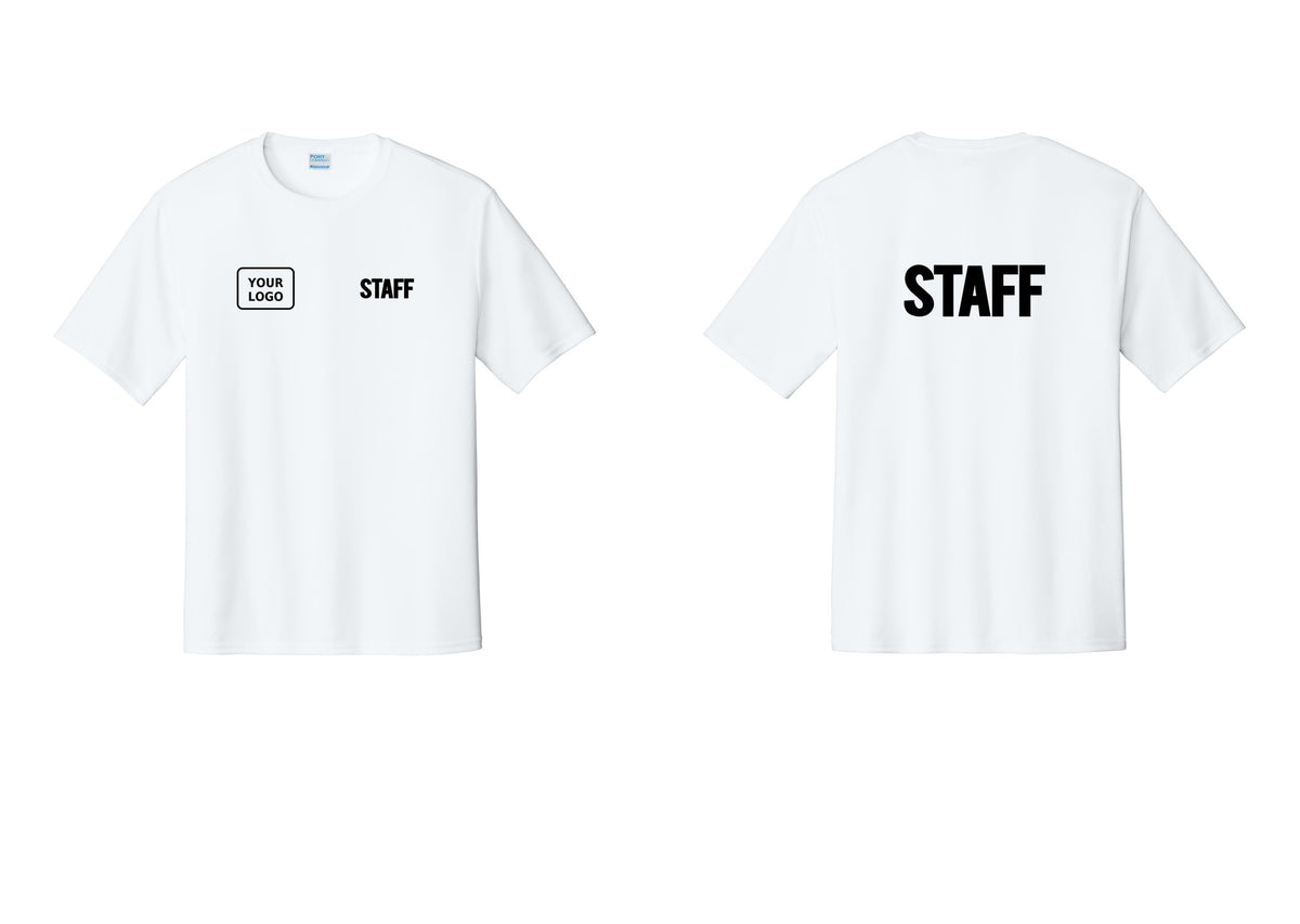 NYC Factory Custom Logo Staff Performance T-Shirt (Bold) - STAFF + Your Logo + Back - White