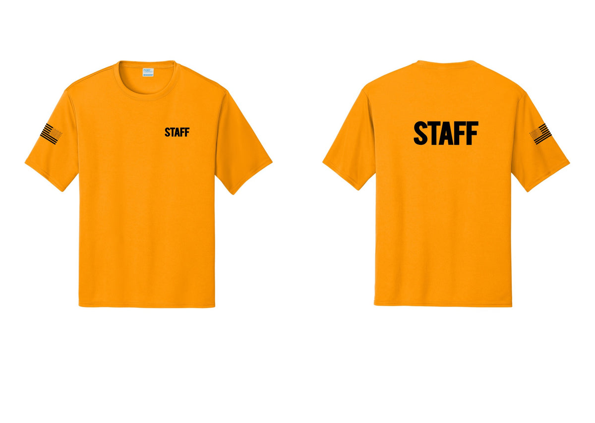 NYC Factory Staff Performance T-Shirt (Bold) - Chest + Back + US Flag Sleeve - Gold