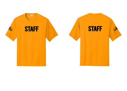 NYC Factory Staff Performance T-Shirt (Bold) - Front + Back + US Flag Sleeve - Gold