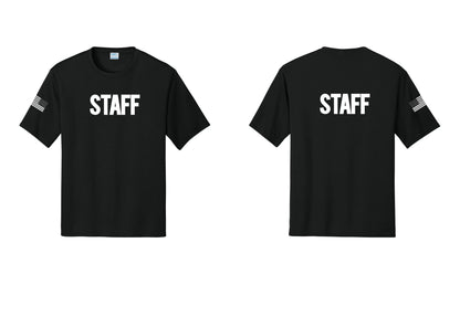 NYC Factory Staff Performance T-Shirt (Bold) - Front + Back + US Flag Sleeve - Black