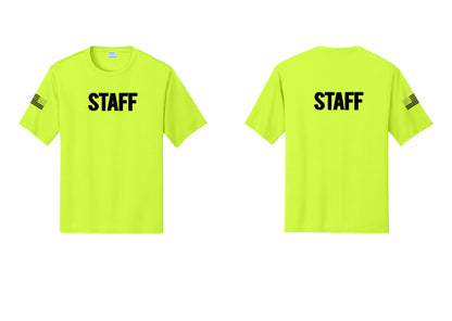 NYC Factory Staff Performance T-Shirt (Bold) - Front + Back + US Flag Sleeve - Neon Yellow
