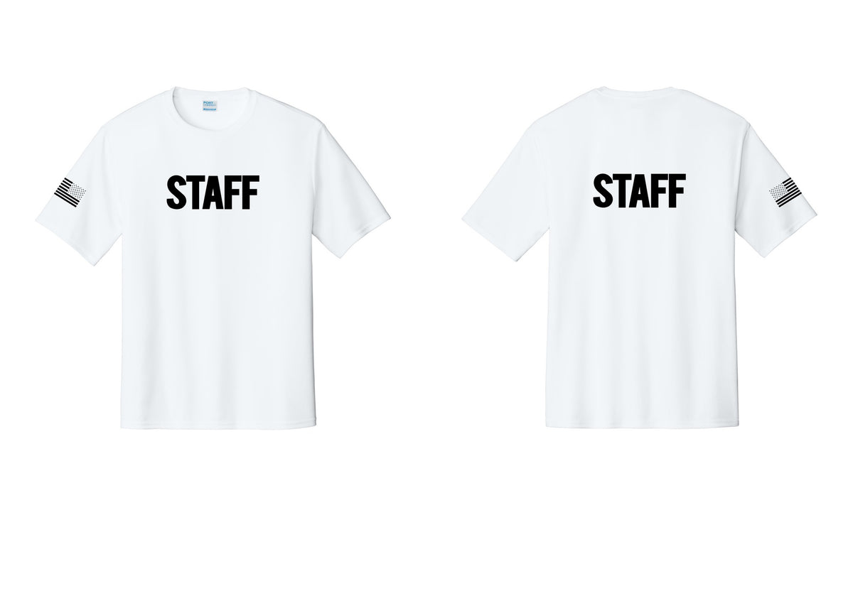 NYC Factory Staff Performance T-Shirt (Bold) - Front + Back + US Flag Sleeve - White