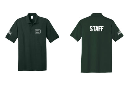 NYC Factory Custom Logo Staff Polo Shirt (Bold) - Your Logo + Back + US Flag Sleeve - Dark Green