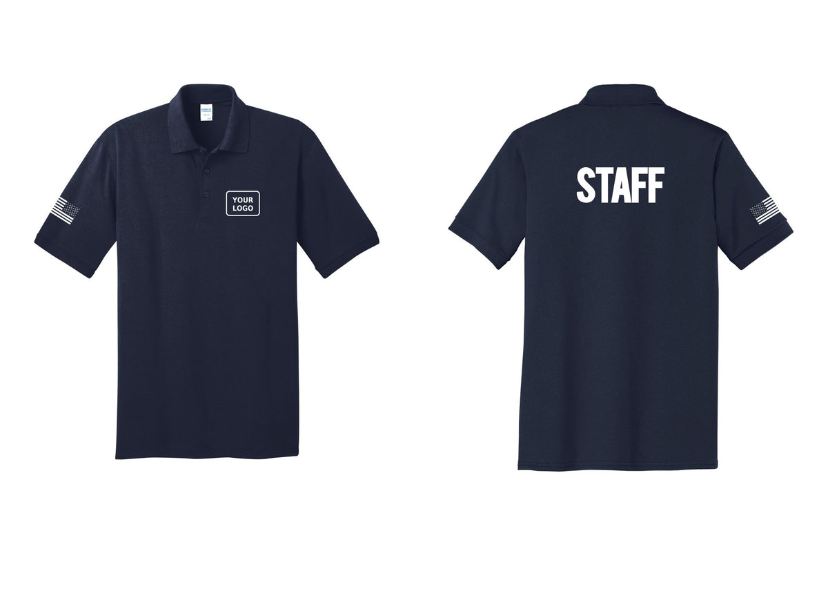 NYC Factory Custom Logo Staff Polo Shirt (Bold) - Your Logo + Back + US Flag Sleeve - Navy
