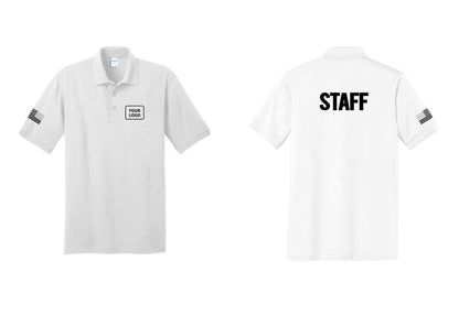 NYC Factory Custom Logo Staff Polo Shirt (Bold) - Your Logo + Back + US Flag Sleeve - White
