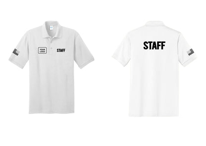 NYC Factory Custom Logo Staff Polo Shirt (Bold) - STAFF + Your Logo + Back + US Flag Sleeve - White