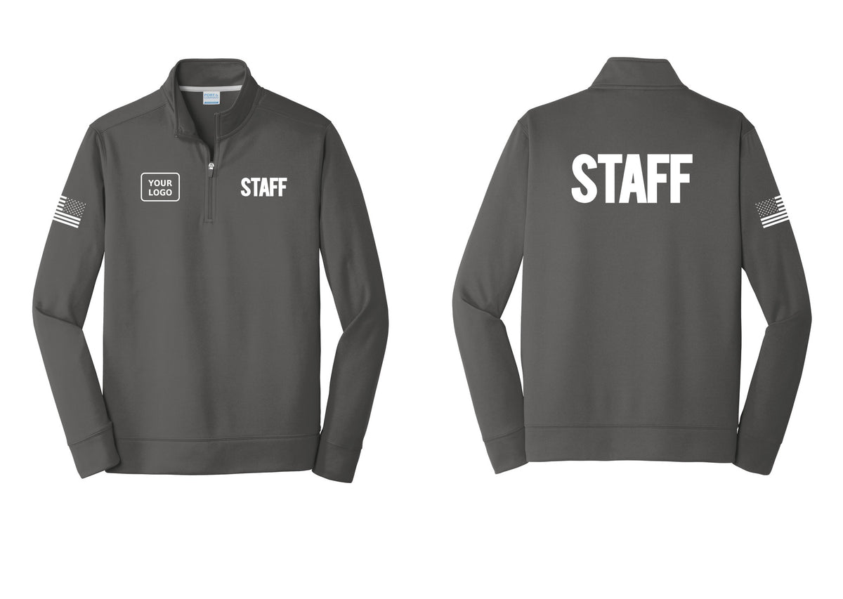 NYC Factory Custom Logo Staff Performance Fleece 1/4-Zip Pullover Sweatshirt (Bold) - STAFF + Your Logo + Back + US Flag Sleeve - Charcoal