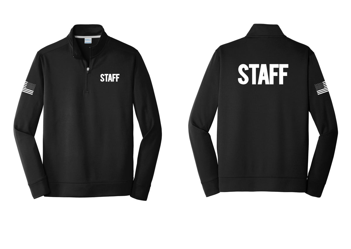 NYC Factory Staff Performance Fleece 1/4-Zip Pullover Sweatshirt (Bold) - Chest + Back + US Flag Sleeve - Black