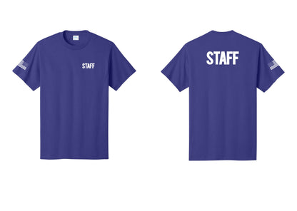 NYC Factory Staff T-Shirt, Bold Lettering - Chest + Back + US Flag Sleeve - Purple