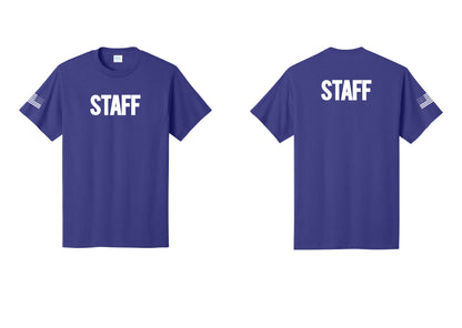 NYC Factory Staff T-Shirt, Bold Lettering - Front + Back + US Flag Sleeve - Purple