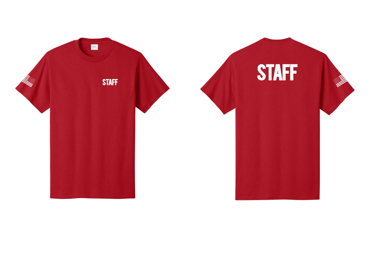 NYC Factory Staff T-Shirt, Bold Lettering - Chest + Back + US Flag Sleeve - Red
