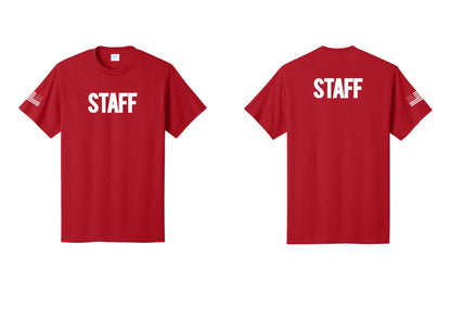 NYC Factory Staff T-Shirt, Bold Lettering - Front + Back + US Flag Sleeve - Red