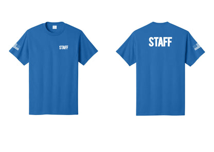 NYC Factory Staff T-Shirt, Bold Lettering - Chest + Back + US Flag Sleeve - Royal