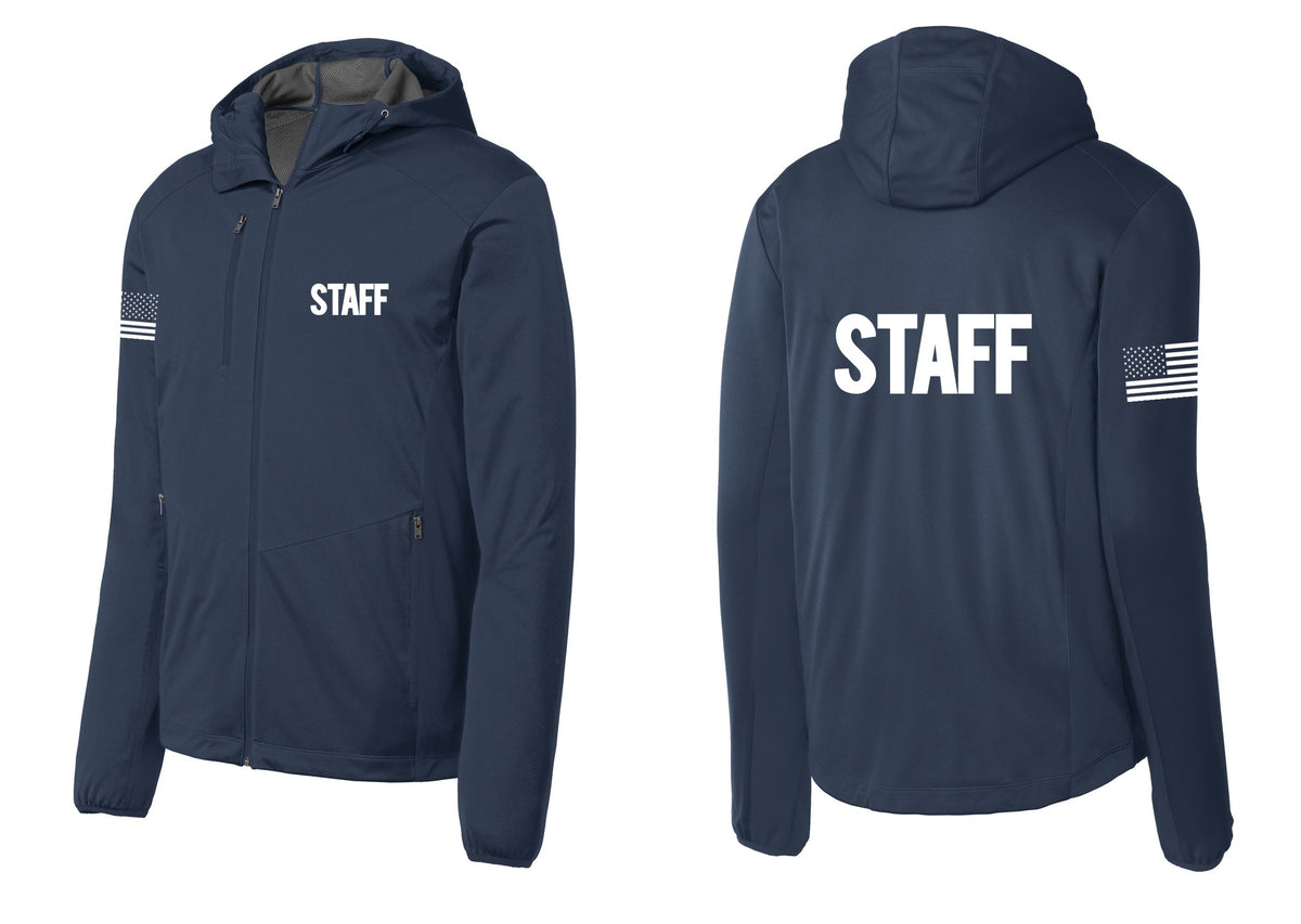 NYC Factory Staff Soft Shell Hooded Jacket (Bold) - Chest + Back + US Flag Sleeve - Dress Blue Navy