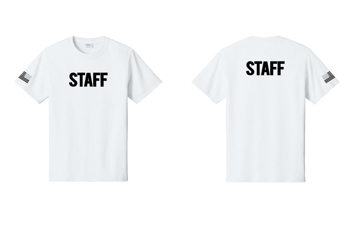 NYC Factory Staff T-Shirt, Bold Lettering - Front + Back + US Flag Sleeve - White