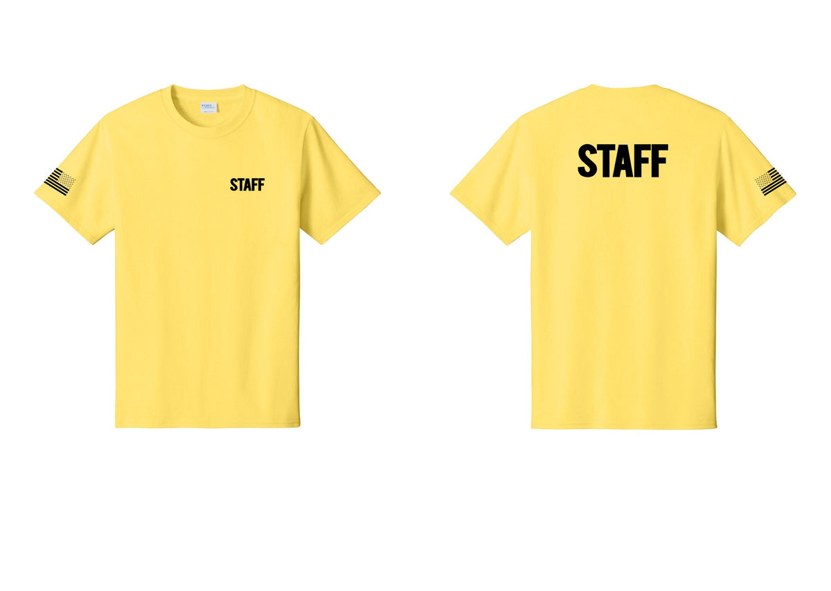 NYC Factory Staff T-Shirt, Bold Lettering - Chest + Back + US Flag Sleeve - Yellow