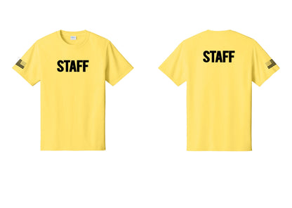 NYC Factory Staff T-Shirt, Bold Lettering - Front + Back + US Flag Sleeve - Yellow