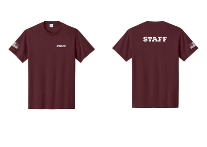 NYC Factory Staff T-Shirt, Rustic Lettering - Chest + Back + US Flag Sleeve - Athletic Maroon