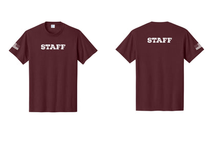 NYC Factory Staff T-Shirt, Rustic Lettering - Front + Back + US Flag Sleeve - Athletic Maroon