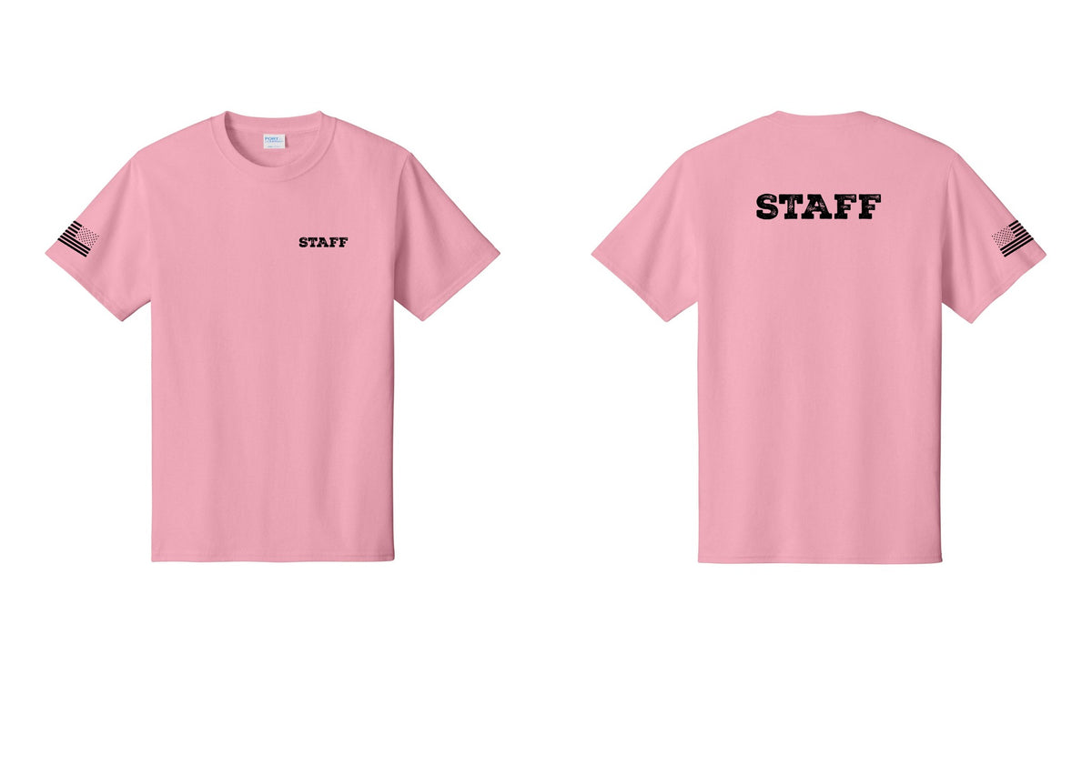 NYC Factory Staff T-Shirt, Rustic Lettering - Chest + Back + US Flag Sleeve - Candy Pink