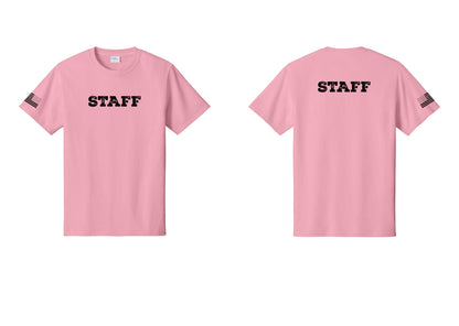 NYC Factory Staff T-Shirt, Rustic Lettering - Front + Back + US Flag Sleeve - Candy Pink