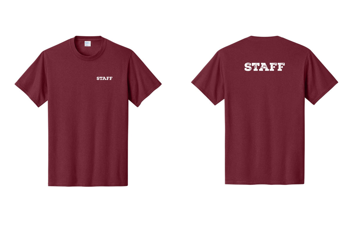 NYC Factory Staff T-Shirt, Rustic Lettering - Chest + Back - Cardinal